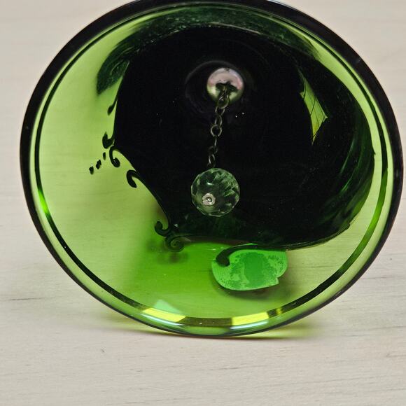 Czechoslovakian Hand Painted Bohemian Glass Bell Green Gold Enameled Flower READ - Picture 7 of 8